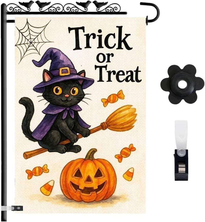KarvePro Halloween Garden Flag 12x18 – Trick or Treat Black Cat & Pumpkin with Broom Stick & Spiderweb – Double Sided Burlap Halloween Flags for Outside, Fits Garden Flag Poles - Image 1